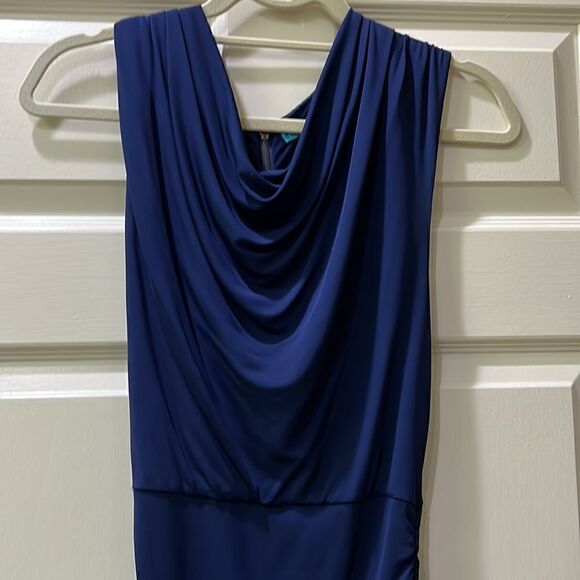 Alice + Olivia Women XS Stretchy Cowl Neck Form fitting Navy Blue Cocktail Dress - Picture 6 of 16
